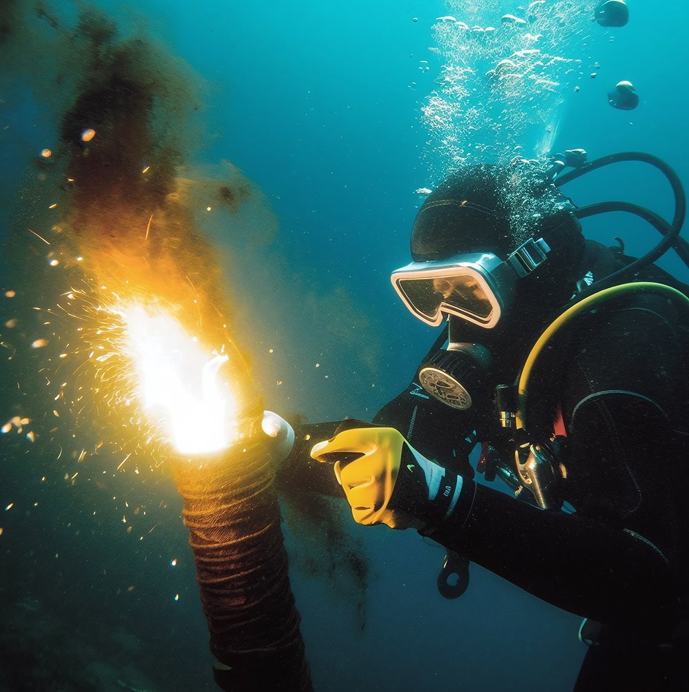 Underwater welding, a man welder welds a metal structure at the